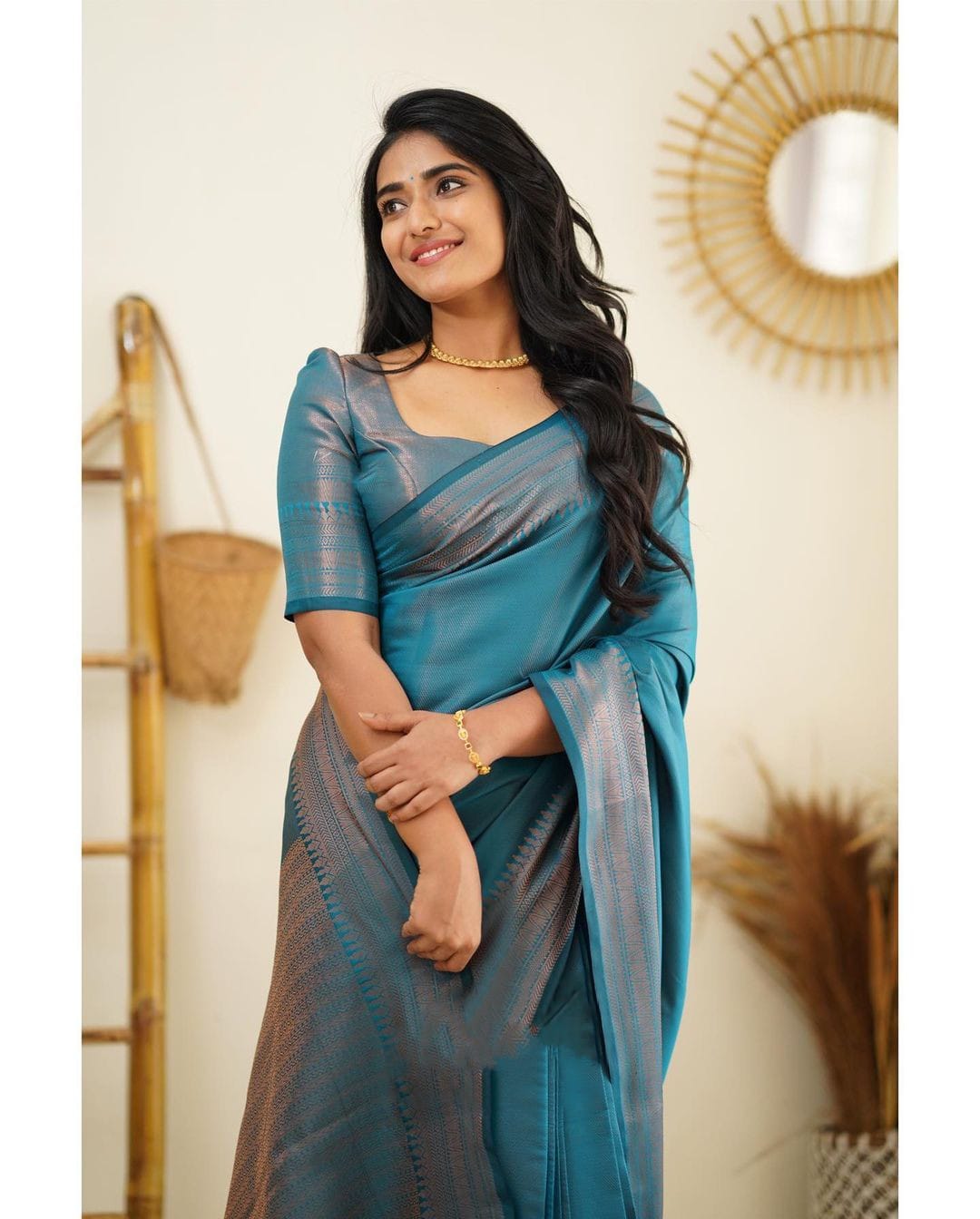 Luxuriant Firozi Soft Silk Saree With Elaborate Blouse Piece Shriji Main image