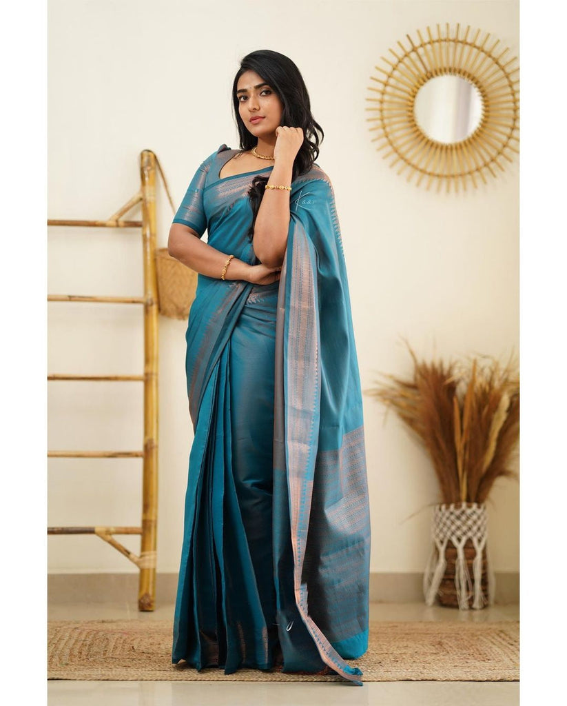 Luxuriant Firozi Soft Silk Saree With Elaborate Blouse Piece Shriji