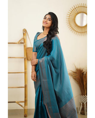 Luxuriant Firozi Soft Silk Saree With Elaborate Blouse Piece Shriji