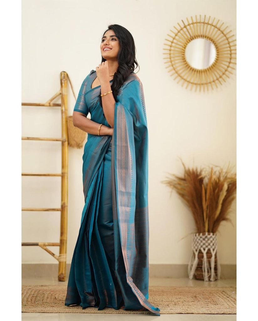 Luxuriant Firozi Soft Silk Saree With Elaborate Blouse Piece Shriji