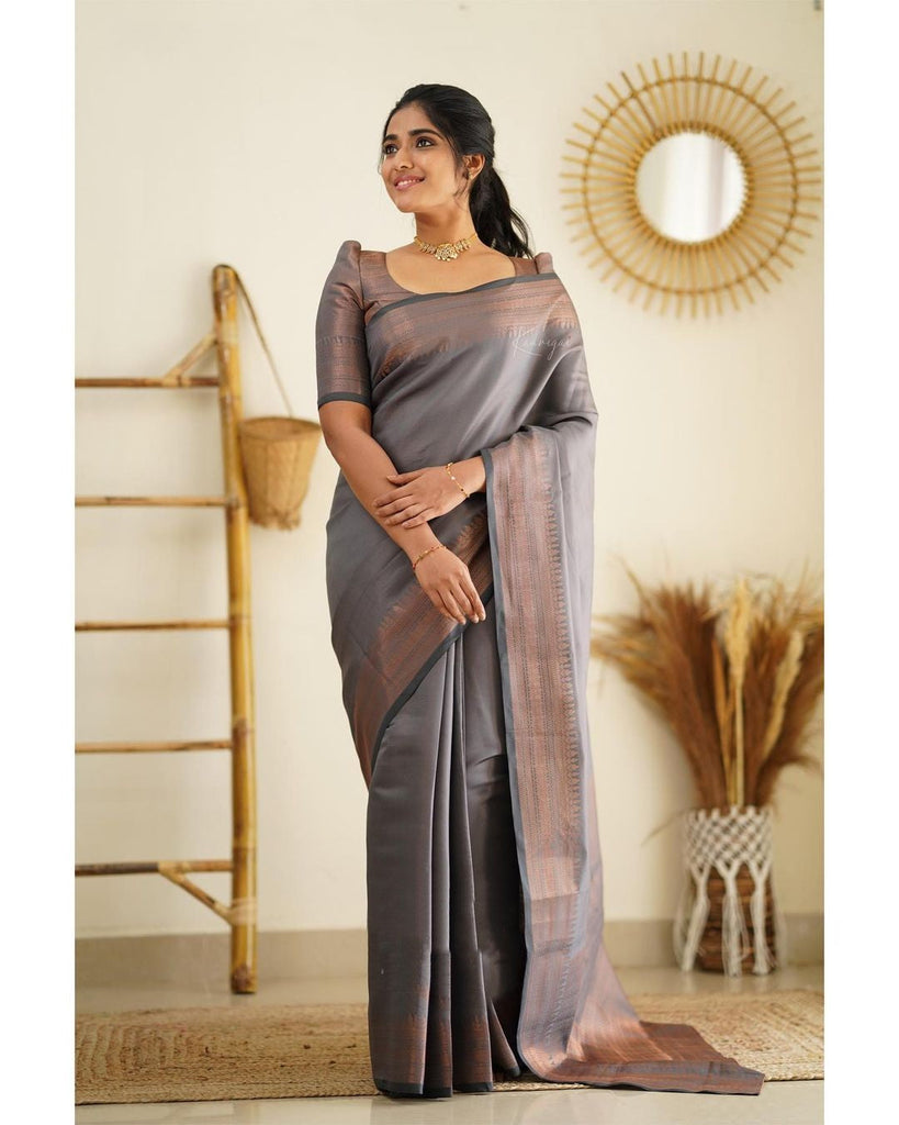 Magnetic Grey Soft Silk Saree With Palimpsest Blouse Piece Shriji