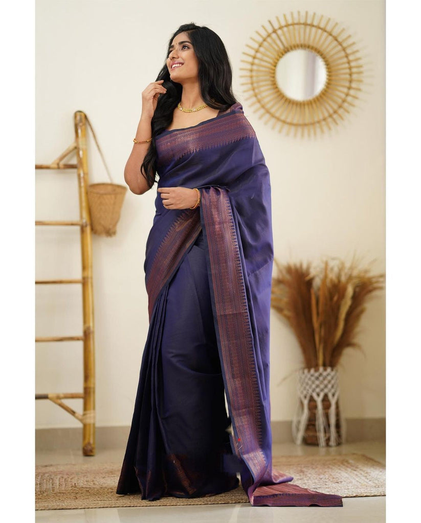 Dissemble Navy Blue Soft Silk Saree With Gossamer Blouse Piece Shriji