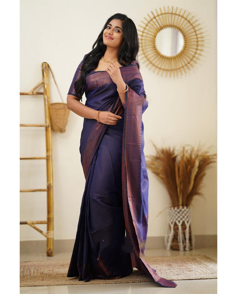 Dissemble Navy Blue Soft Silk Saree With Gossamer Blouse Piece Shriji