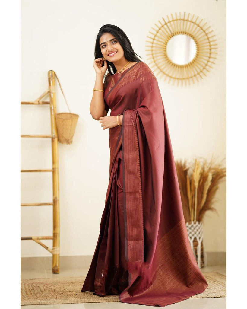 Moiety Wine Soft Silk Saree With Palimpsest Blouse Piece Shriji