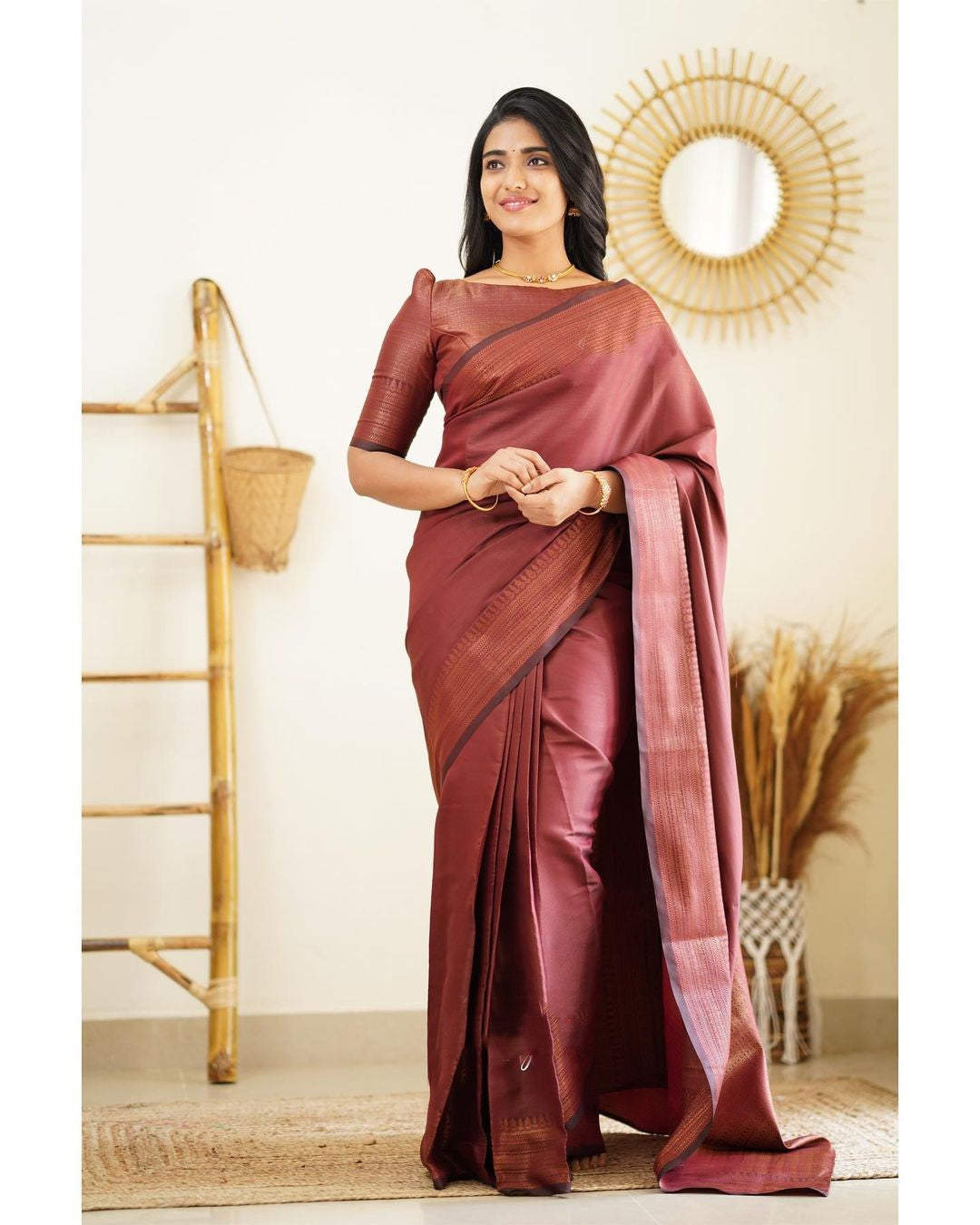 Moiety Wine Soft Silk Saree With Palimpsest Blouse Piece Shriji