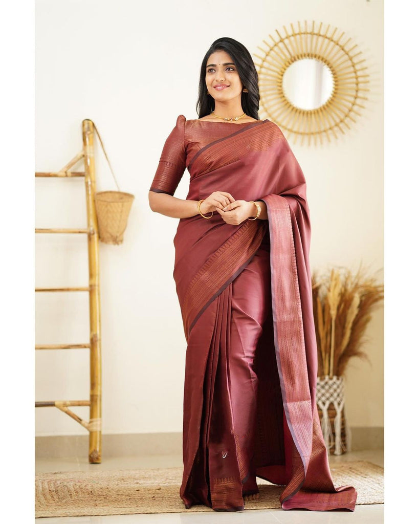 Moiety Wine Soft Silk Saree With Palimpsest Blouse Piece Shriji