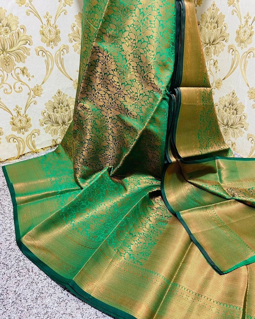 Smashing Green Soft Banarasi Silk Saree With Snazzy Blouse Piece Shriji