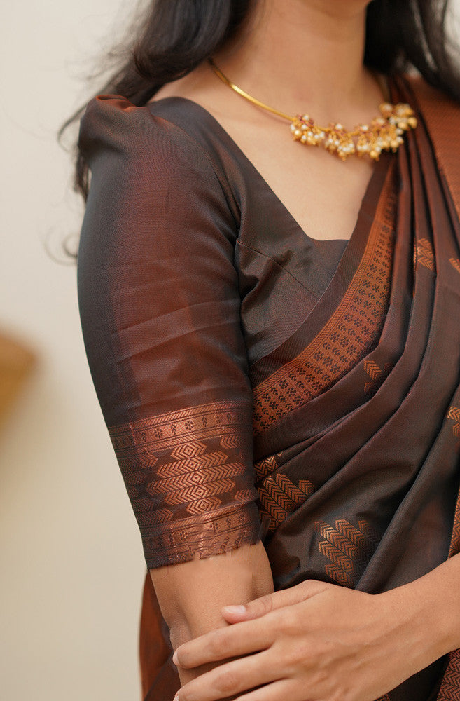 Gleaming Brown Soft Silk Saree With Flaunt Blouse Piece Shriji