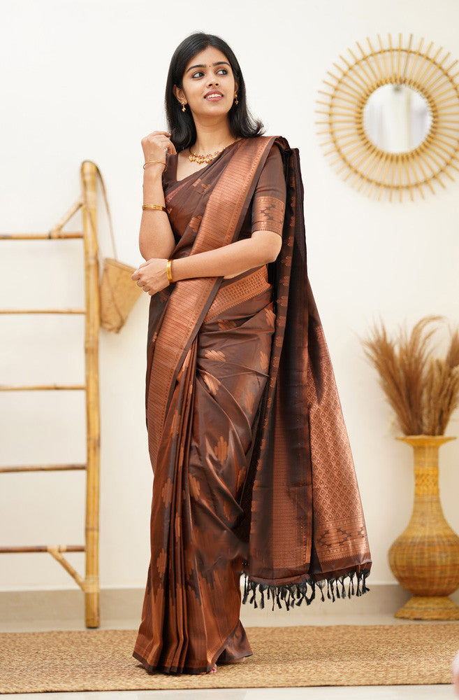 Gleaming Brown Soft Silk Saree With Flaunt Blouse Piece Shriji
