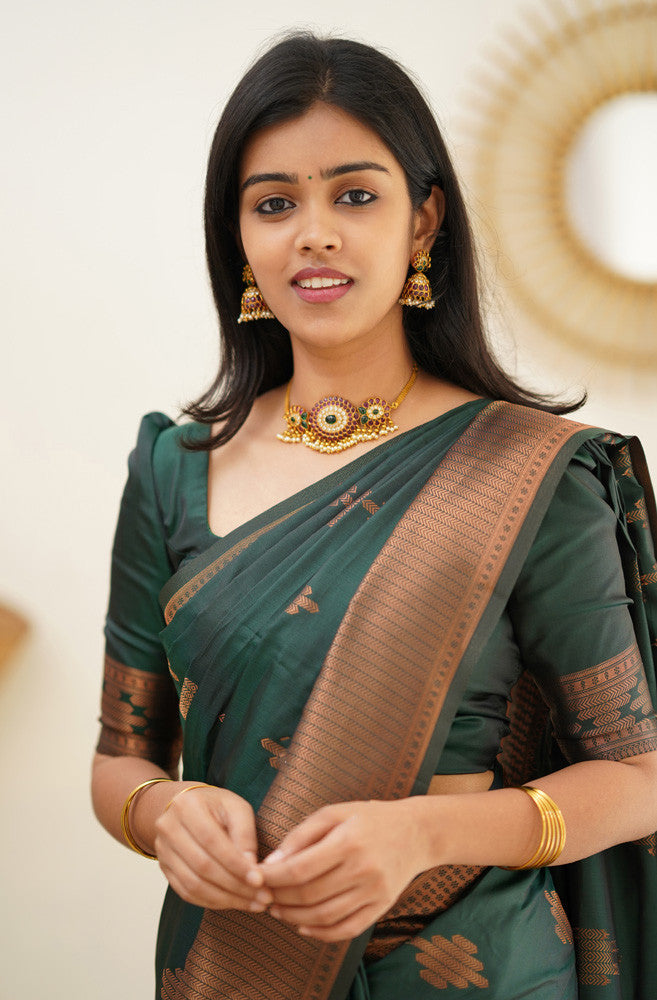 Attractive Dark Green Soft Silk Saree With Refreshing Blouse Piece Shriji