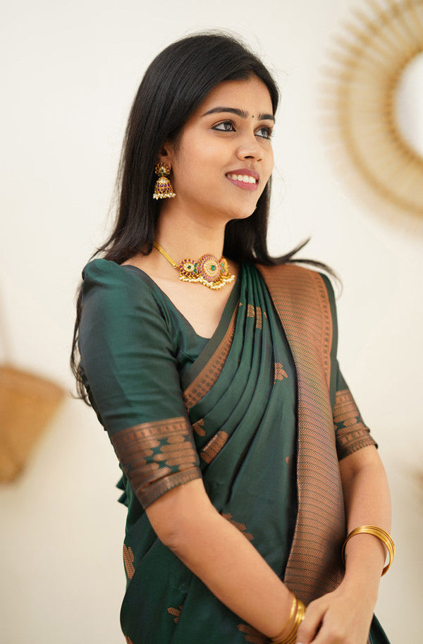 Attractive Dark Green Soft Silk Saree With Refreshing Blouse Piece Shriji