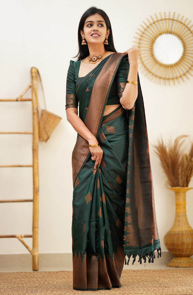 Attractive Dark Green Soft Silk Saree With Refreshing Blouse Piece Shriji