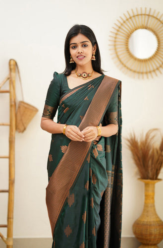 Attractive Dark Green Soft Silk Saree With Refreshing Blouse Piece Shriji
