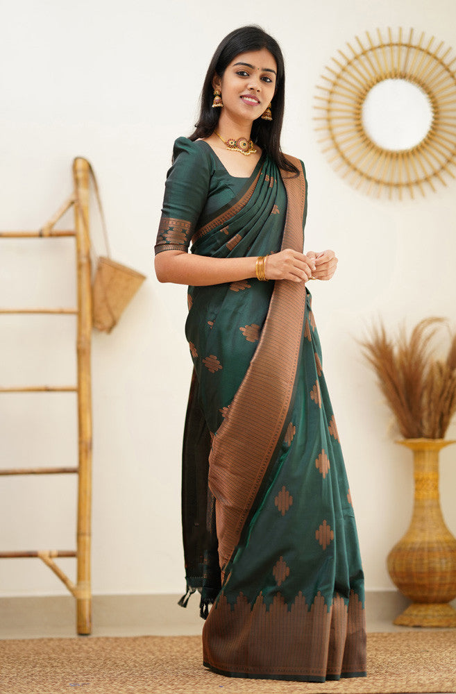 Attractive Dark Green Soft Silk Saree With Refreshing Blouse Piece Shriji