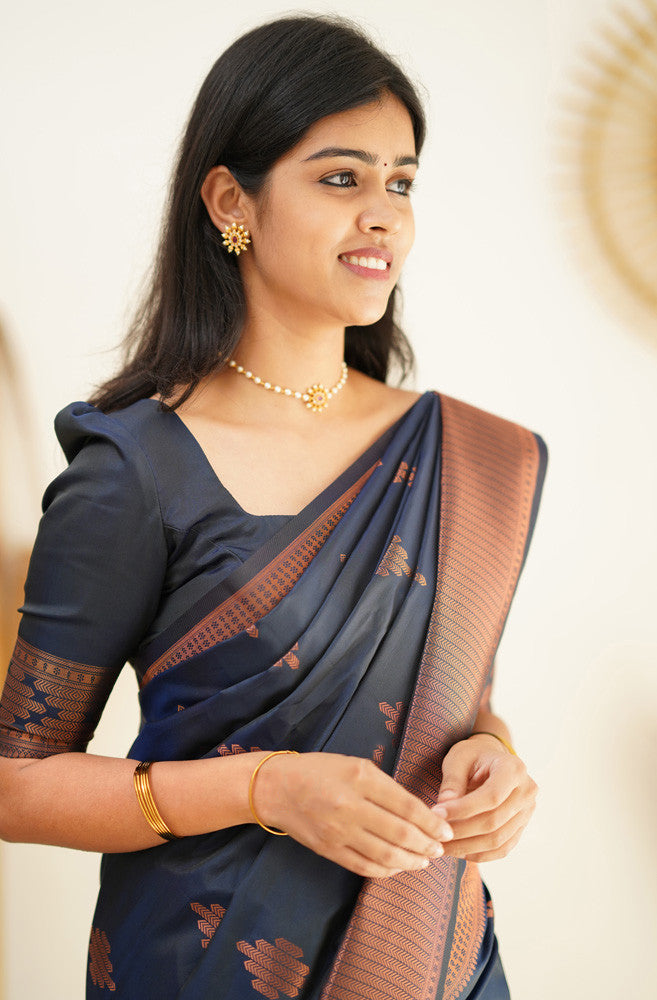 Buy Navy Blue Silk Draped Saree With Blouse by Designer RISHI AND SOUJIT  Online at Ogaan.com