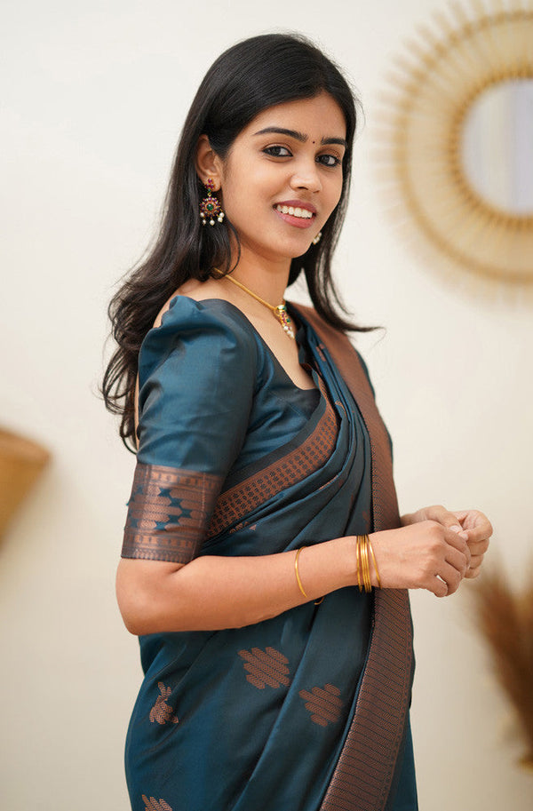 Prominent Rama Soft Silk Saree With Blissful Blouse Piece Shriji
