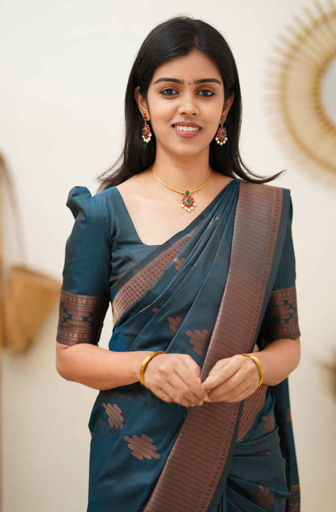 Prominent Rama Soft Silk Saree With Blissful Blouse Piece Shriji