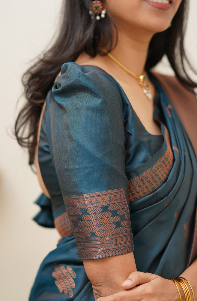 Prominent Rama Soft Silk Saree With Blissful Blouse Piece Shriji