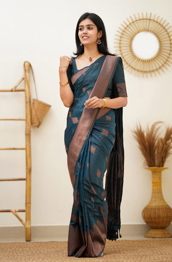Prominent Rama Soft Silk Saree With Blissful Blouse Piece Shriji