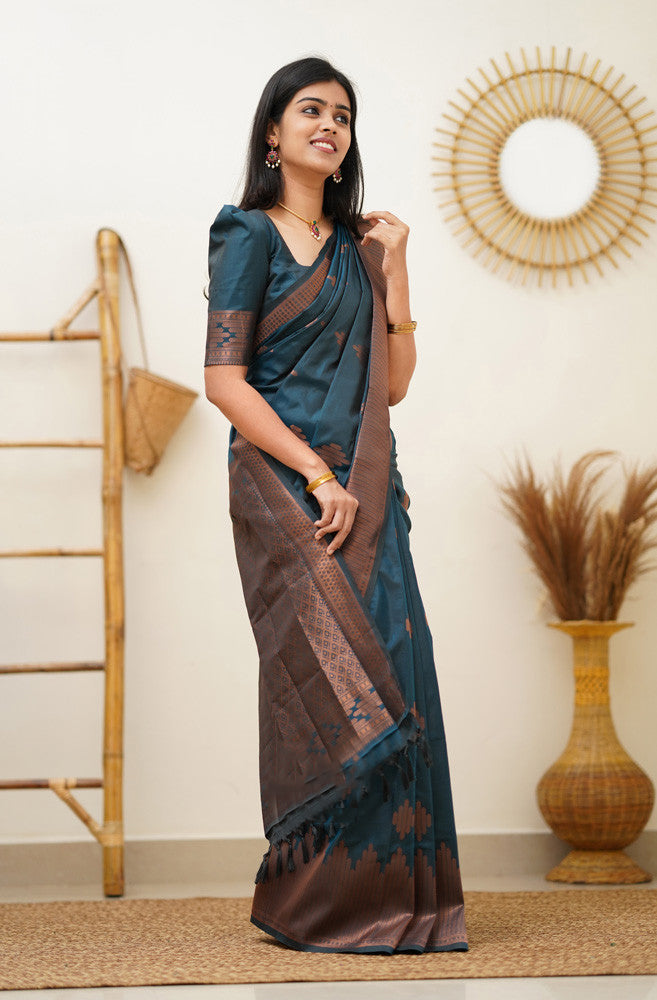 Prominent Rama Soft Silk Saree With Blissful Blouse Piece Shriji