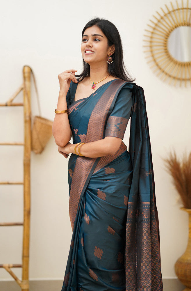 Prominent Rama Soft Silk Saree With Blissful Blouse Piece Shriji