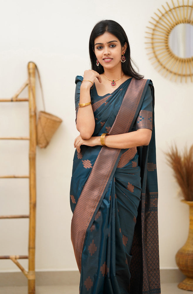 Prominent Rama Soft Silk Saree With Blissful Blouse Piece Shriji