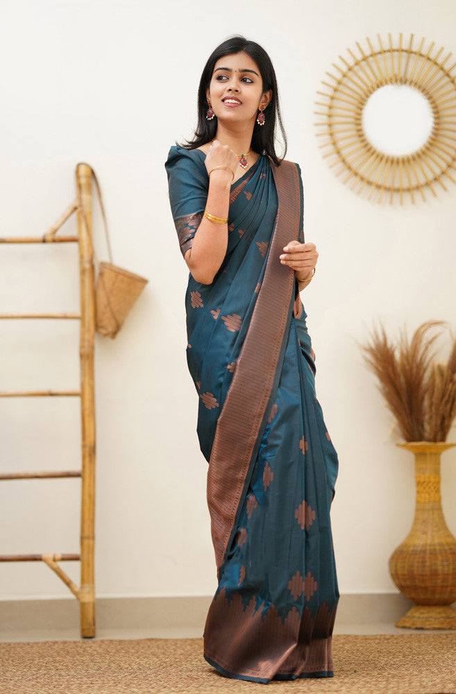 Prominent Rama Soft Silk Saree With Blissful Blouse Piece Shriji