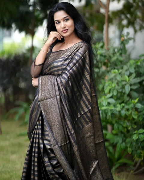 Excellent Black Soft Silk Saree With Luxuriant Blouse Piece Shriji Main image