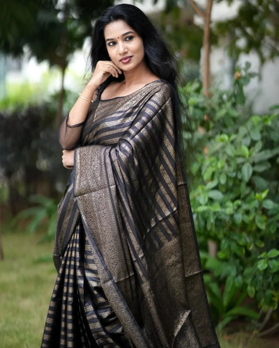 Excellent Black Soft Silk Saree With Luxuriant Blouse Piece Shriji