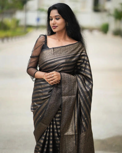 Excellent Black Soft Silk Saree With Luxuriant Blouse Piece Shriji