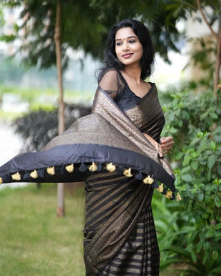 Excellent Black Soft Silk Saree With Luxuriant Blouse Piece Shriji