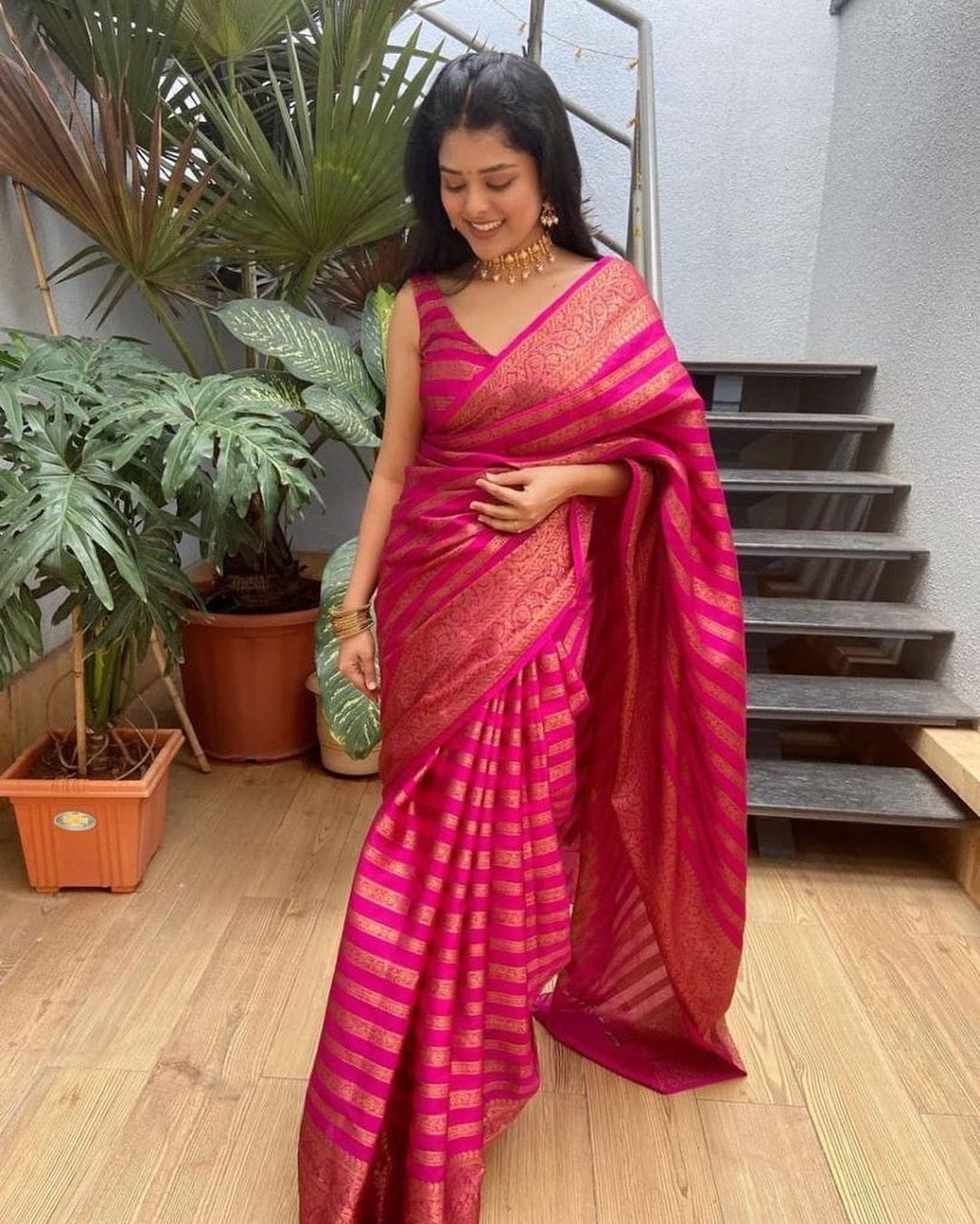 Glowing Pink Soft Silk Saree With Groovy Blouse Piece Shriji