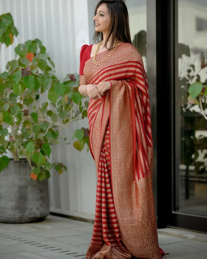 Intricate Red Soft Silk Saree With Capricious Blouse Piece Shriji