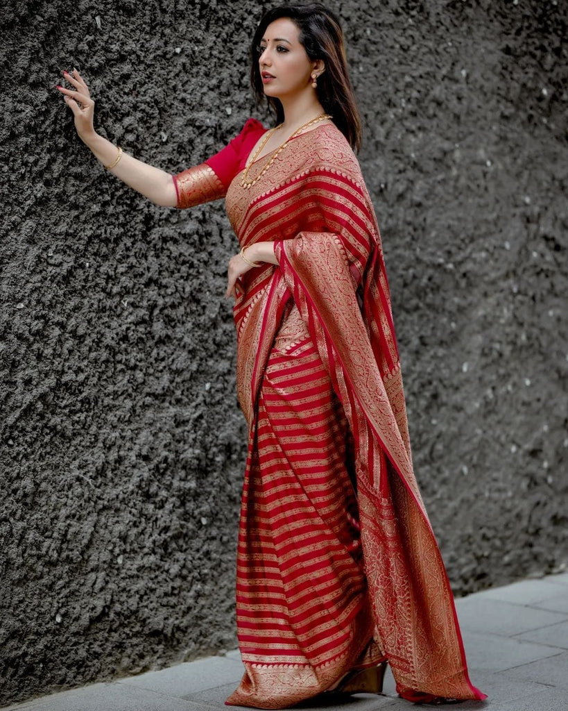 Intricate Red Soft Silk Saree With Capricious Blouse Piece Shriji