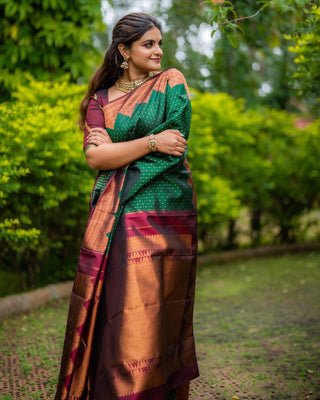 Stunning Green Soft Silk Saree With Innovative Blouse Piece Shriji