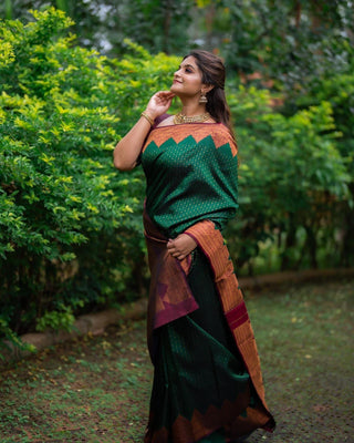 Stunning Green Soft Silk Saree With Innovative Blouse Piece Shriji