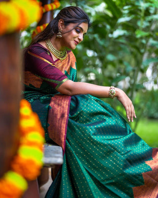 Stunning Green Soft Silk Saree With Innovative Blouse Piece Shriji