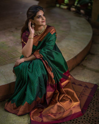 Stunning Green Soft Silk Saree With Innovative Blouse Piece Shriji