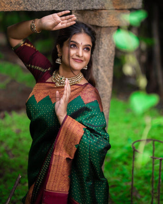 Stunning Green Soft Silk Saree With Innovative Blouse Piece Shriji