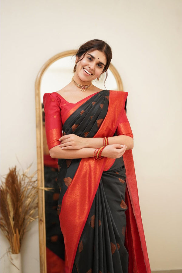 Fugacious Black Soft Silk Saree with Propinquity Blouse Piece Shriji