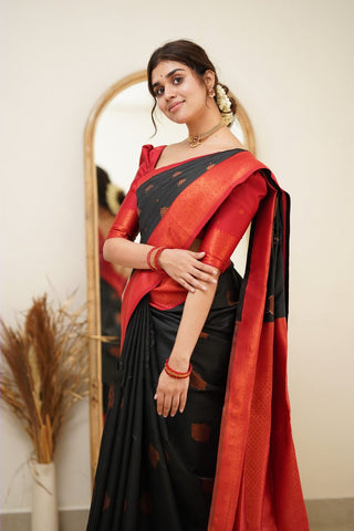 Fugacious Black Soft Silk Saree with Propinquity Blouse Piece Shriji