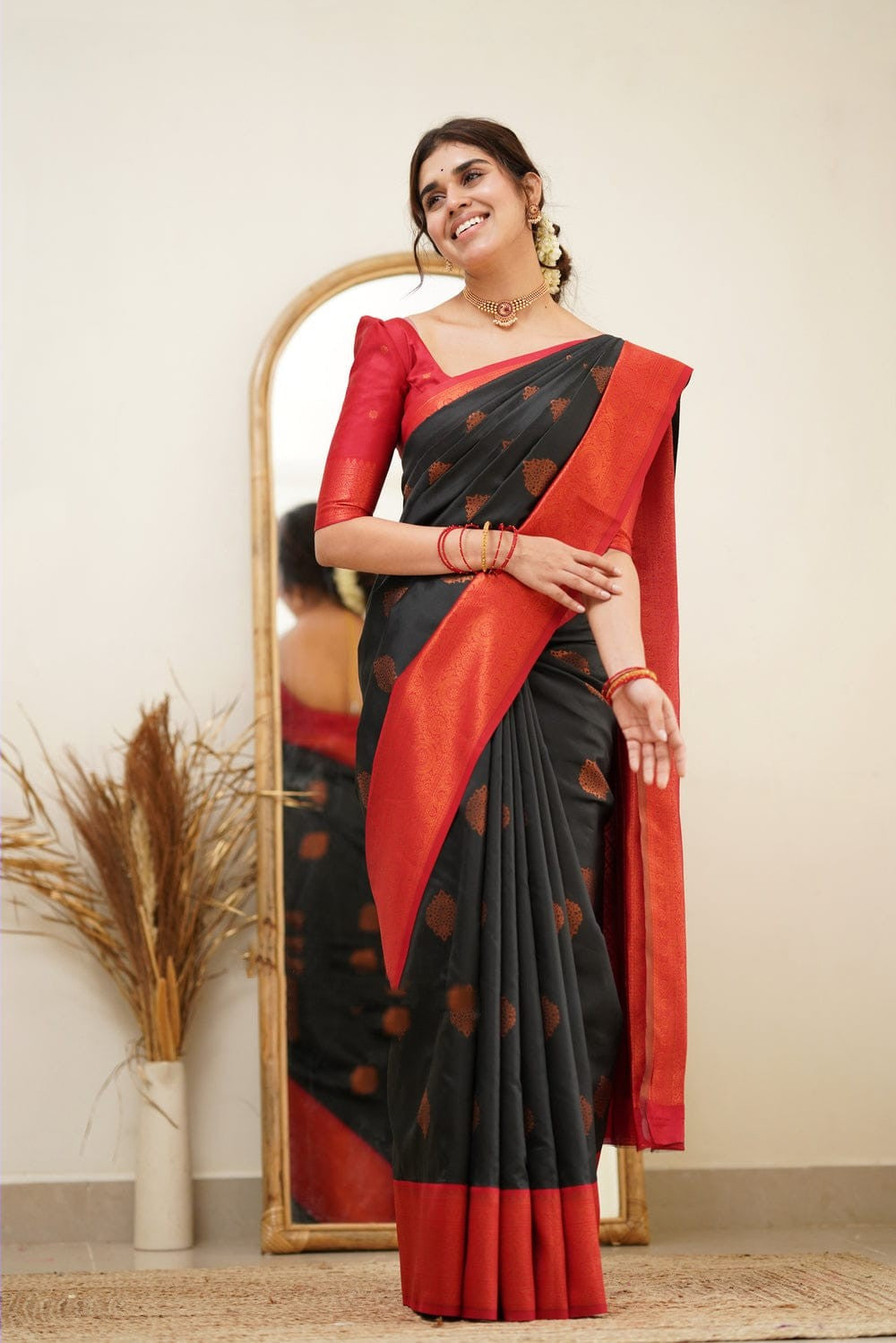 Fugacious Black Soft Silk Saree with Propinquity Blouse Piece Shriji