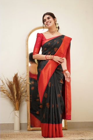 Fugacious Black Soft Silk Saree with Propinquity Blouse Piece Shriji