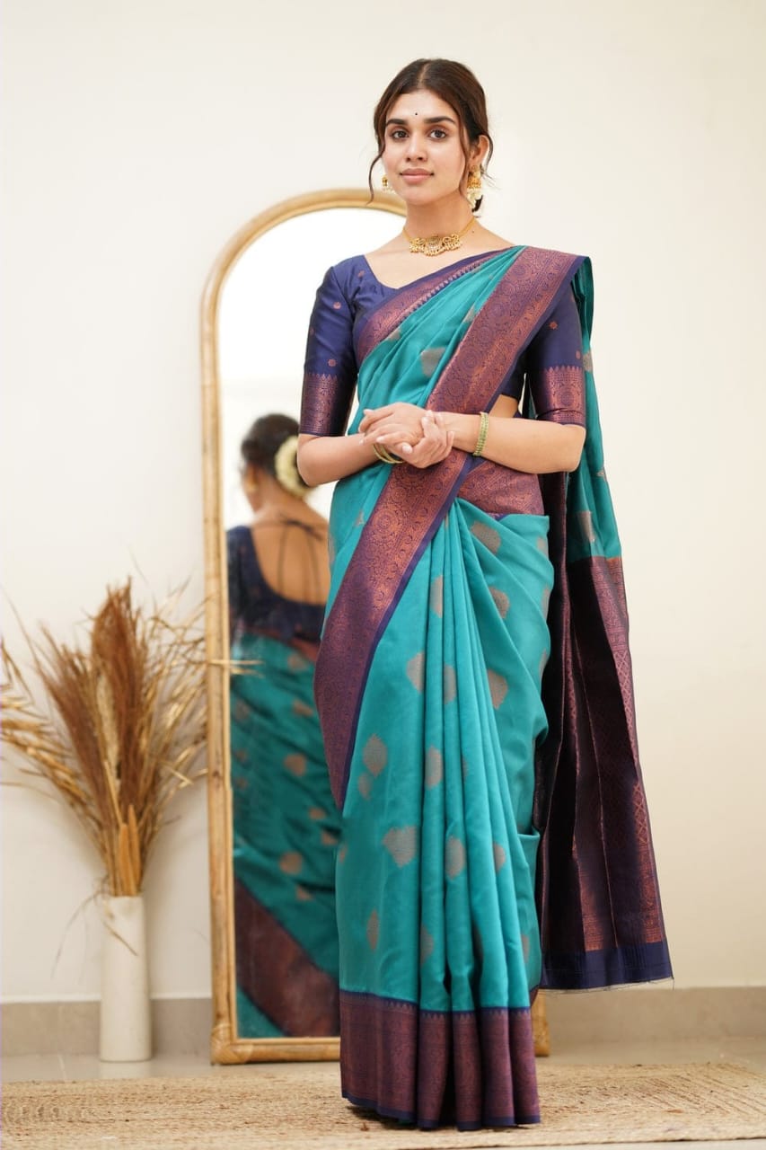 Eloquence Firozi Soft Silk Saree with Scintilla Blouse Piece Shriji Main image
