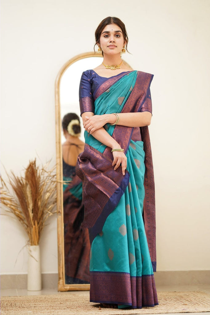 Eloquence Firozi Soft Silk Saree with Scintilla Blouse Piece Shriji