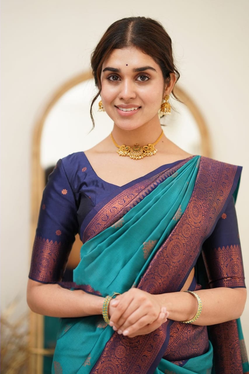 Eloquence Firozi Soft Silk Saree with Scintilla Blouse Piece Shriji