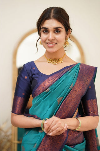 Eloquence Firozi Soft Silk Saree with Scintilla Blouse Piece Shriji