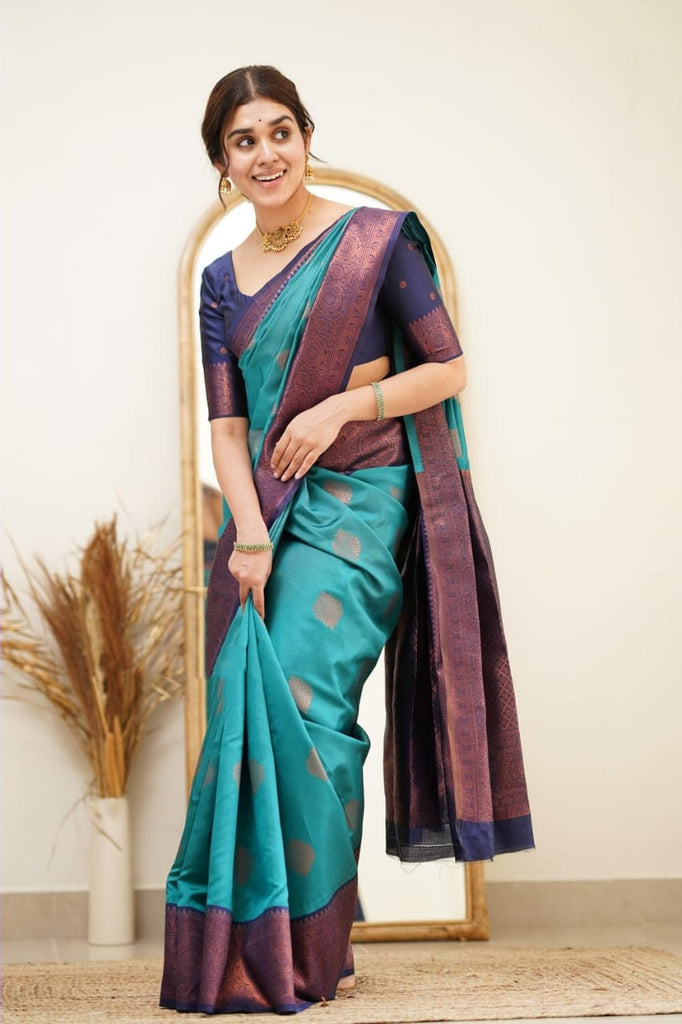 Eloquence Firozi Soft Silk Saree with Scintilla Blouse Piece Shriji