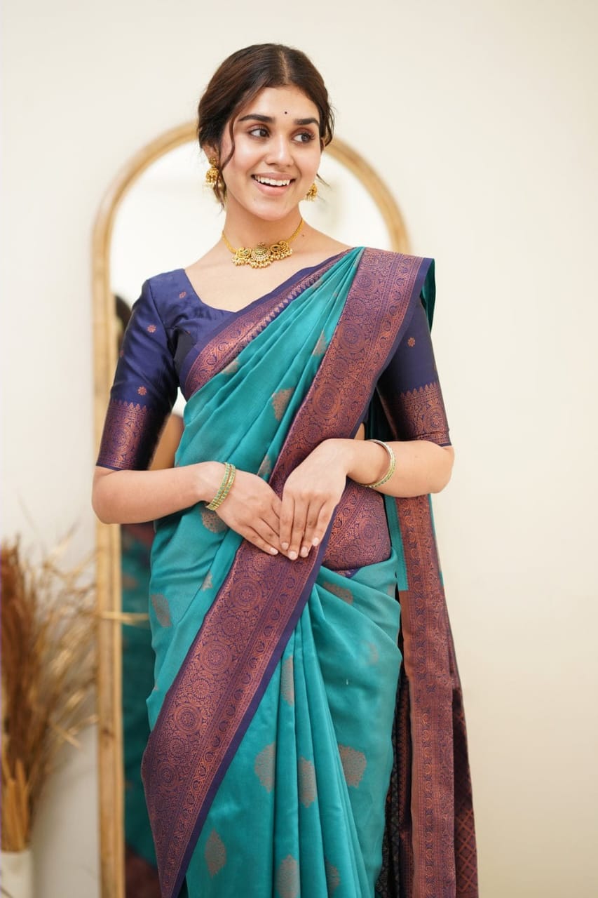 Eloquence Firozi Soft Silk Saree with Scintilla Blouse Piece Shriji