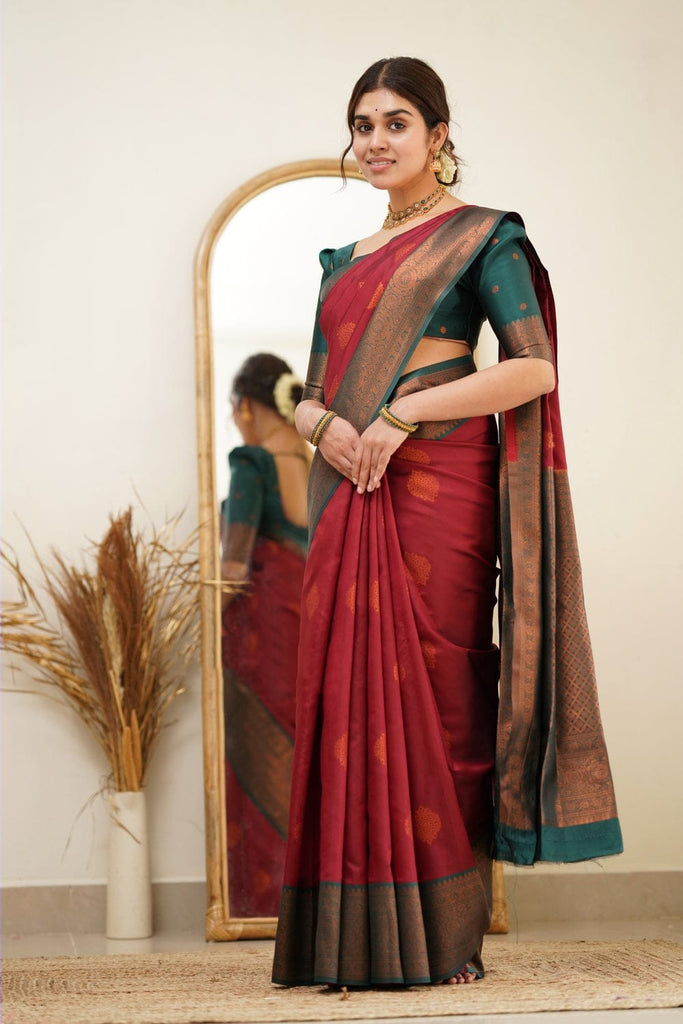 Staggering Maroon Banarasi Silk Saree With Smashing Blouse Piece –  LajreeDesigner